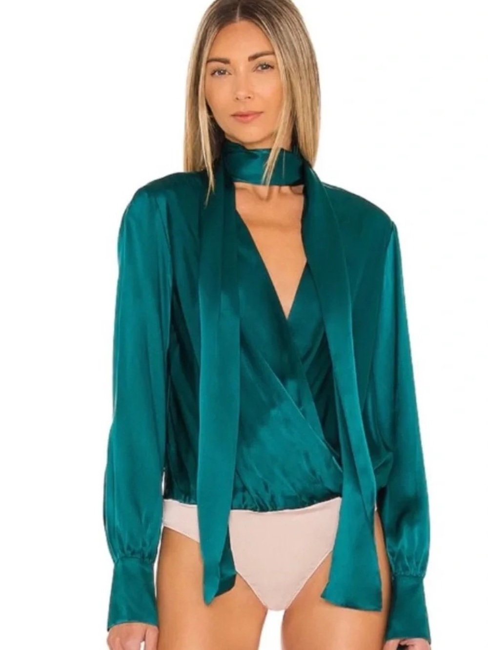 Amanda Uprichard Teal Satin Wrap Bodysuit with Neck Tie